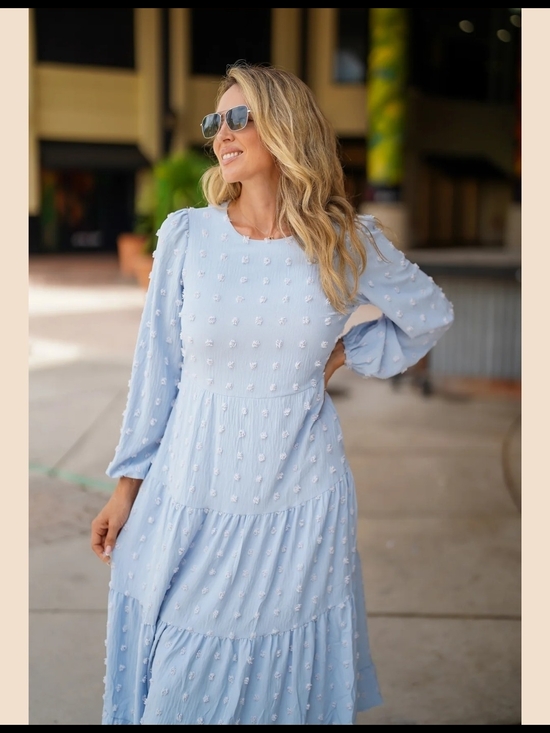 Zesica Dresses & Skirts - Light Blue Swiss Dot Tiered Long Sleeve Midi Dress